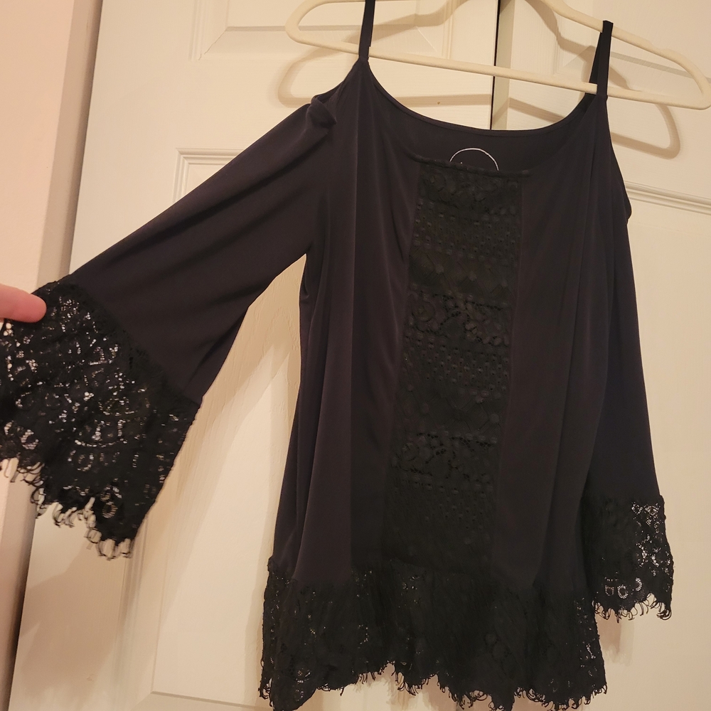 INC International Concepts Cold Shoulder Black Lace-Accented - Picture 1 of 6